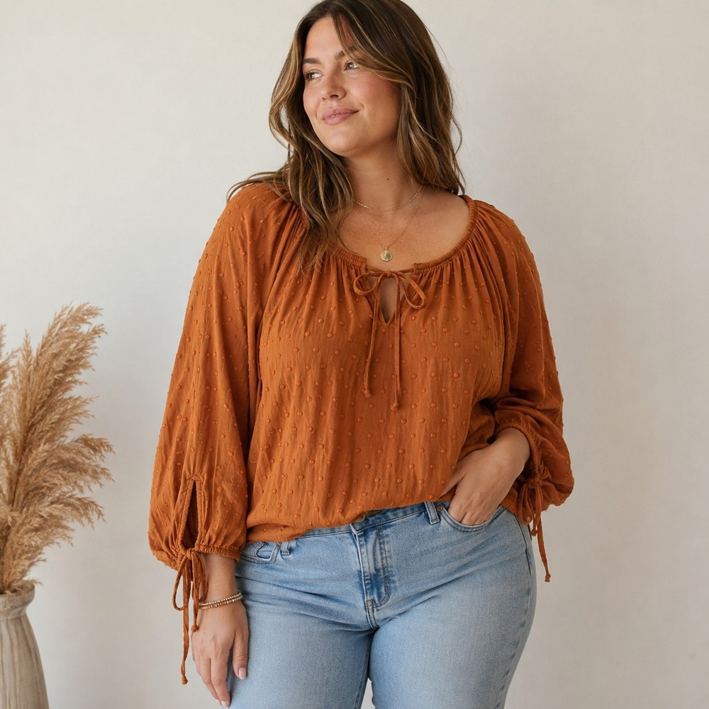 Sundance Womens Petite Large Burnt Orange Swiss Dots Balloon Sleeves Top Boho